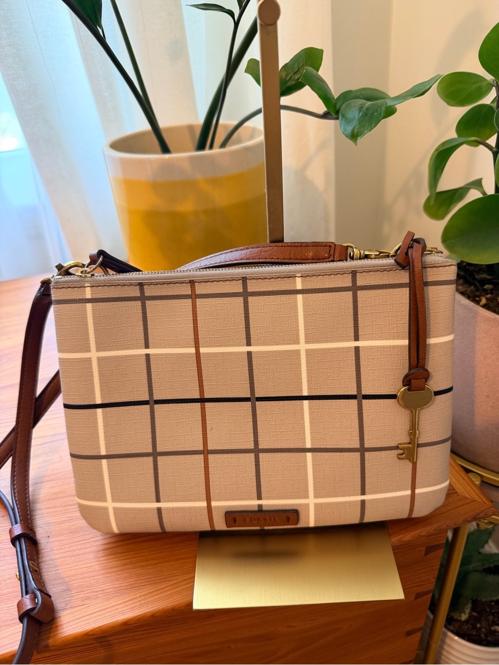 Fossil Devon Greige and Brown Plaid Crossbody Bag with Key Charm